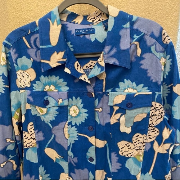 KAREN SCOTT Sport Blue Floral Linen Blend Light Jacket Size XL - Picture 3 of 7